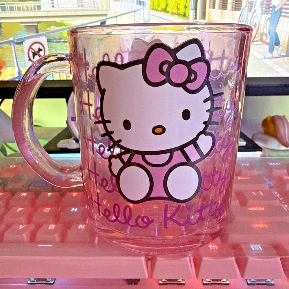 Sanrio Hello Kitty Mug Clear Pink Glass Large Coffee Cup 17.5oz 2024 Classic Bow